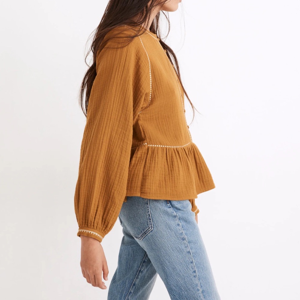 Madewell Embroidered Lightspun Long Puff Sleeves Covered Buttons Boho Top XS
